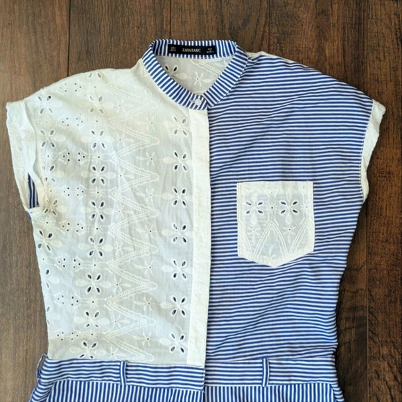 EUC Zara Basic S 100% Cotton Pinstripe Eyelet Button Down Zip Fly Jumpsuit - Picture 10 of 10